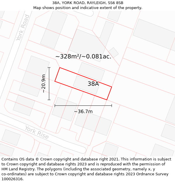 38A, YORK ROAD, RAYLEIGH, SS6 8SB: Plot and title map