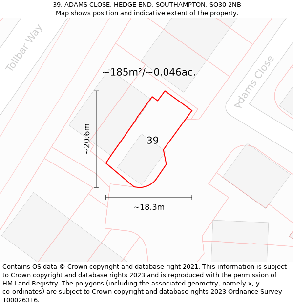 39, ADAMS CLOSE, HEDGE END, SOUTHAMPTON, SO30 2NB: Plot and title map