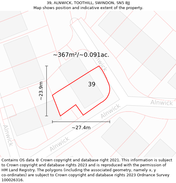 39, ALNWICK, TOOTHILL, SWINDON, SN5 8JJ: Plot and title map