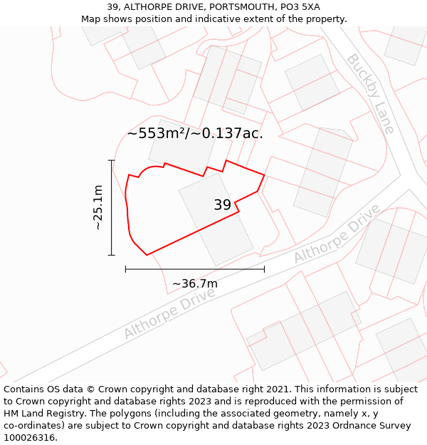 39, ALTHORPE DRIVE, PORTSMOUTH, PO3 5XA: Plot and title map