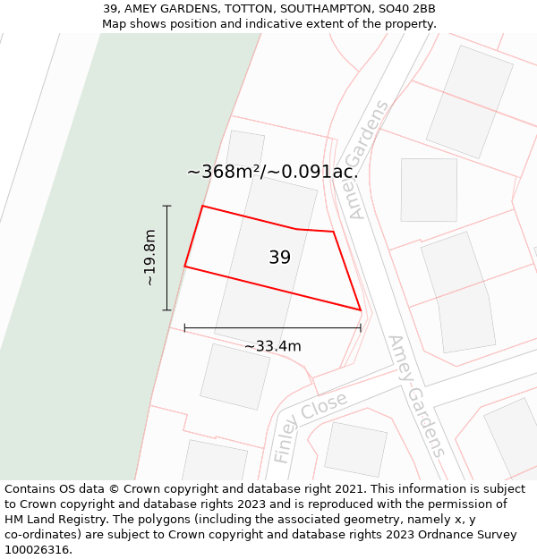 39, AMEY GARDENS, TOTTON, SOUTHAMPTON, SO40 2BB: Plot and title map