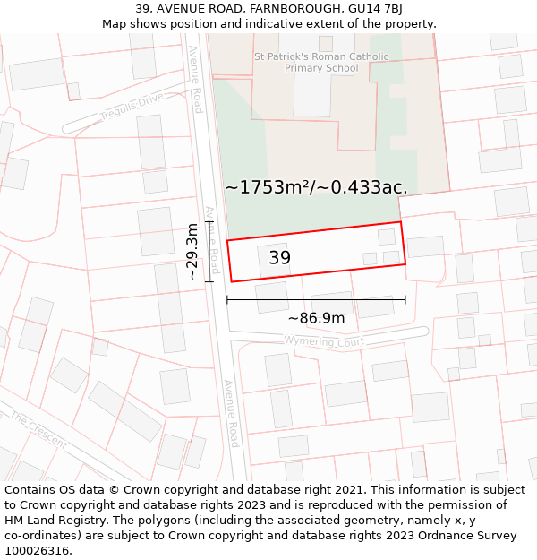 39, AVENUE ROAD, FARNBOROUGH, GU14 7BJ: Plot and title map