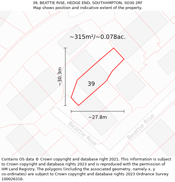 39, BEATTIE RISE, HEDGE END, SOUTHAMPTON, SO30 2RF: Plot and title map