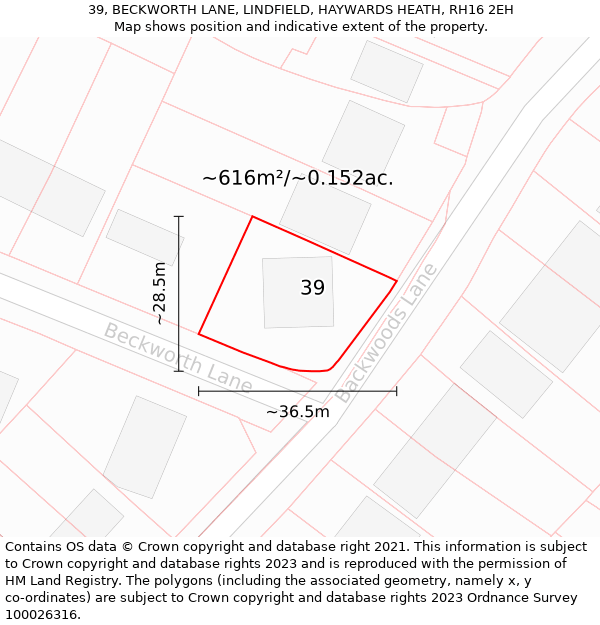 39, BECKWORTH LANE, LINDFIELD, HAYWARDS HEATH, RH16 2EH: Plot and title map