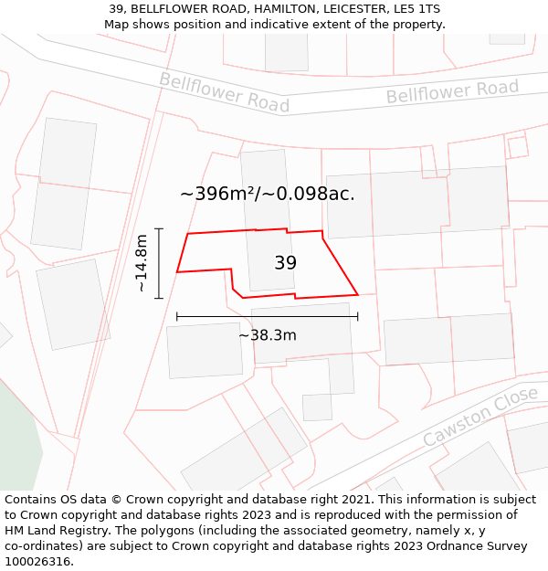 39, BELLFLOWER ROAD, HAMILTON, LEICESTER, LE5 1TS: Plot and title map