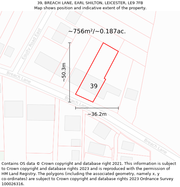 39, BREACH LANE, EARL SHILTON, LEICESTER, LE9 7FB: Plot and title map