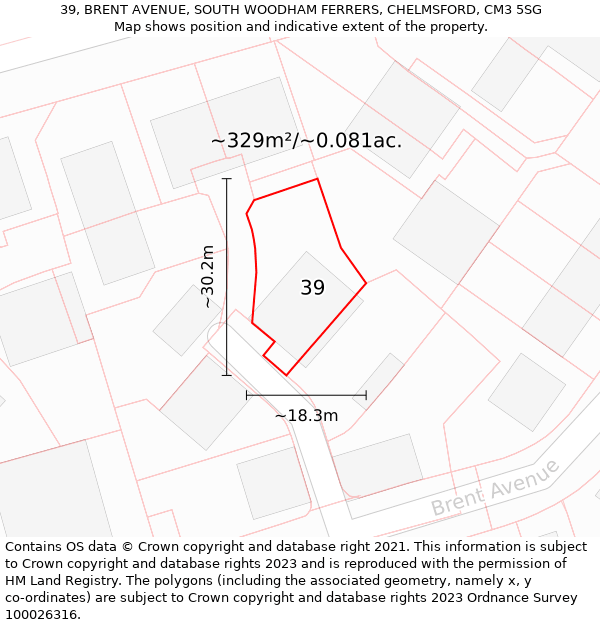 39, BRENT AVENUE, SOUTH WOODHAM FERRERS, CHELMSFORD, CM3 5SG: Plot and title map