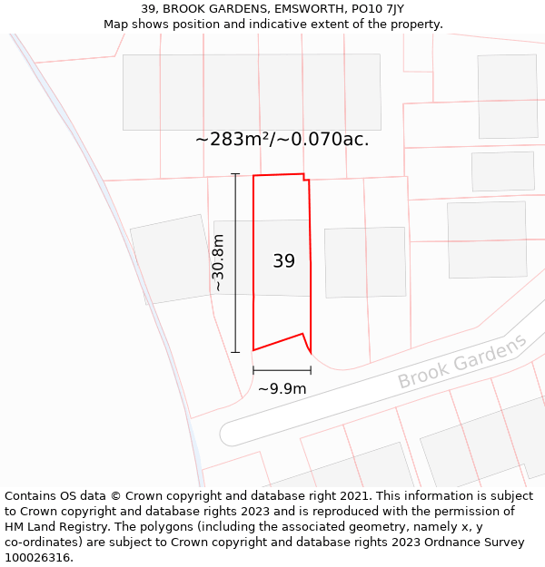 39, BROOK GARDENS, EMSWORTH, PO10 7JY: Plot and title map