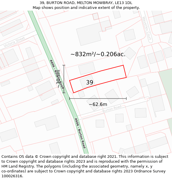 39, BURTON ROAD, MELTON MOWBRAY, LE13 1DL: Plot and title map