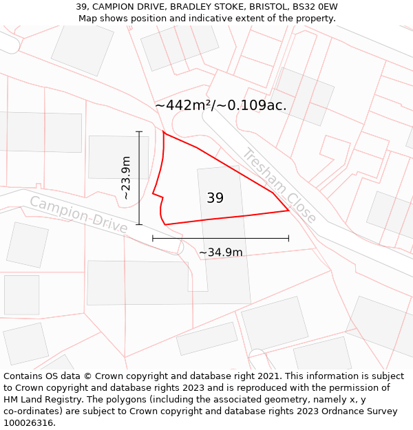 39, CAMPION DRIVE, BRADLEY STOKE, BRISTOL, BS32 0EW: Plot and title map