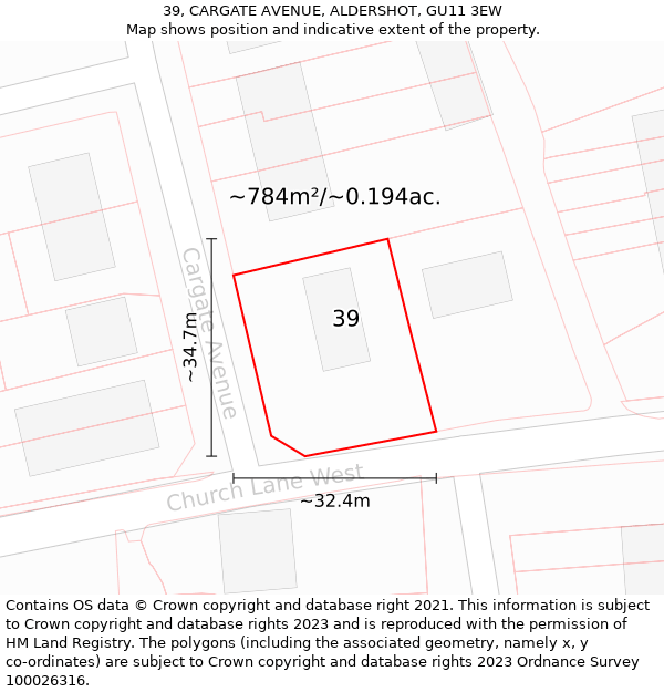 39, CARGATE AVENUE, ALDERSHOT, GU11 3EW: Plot and title map