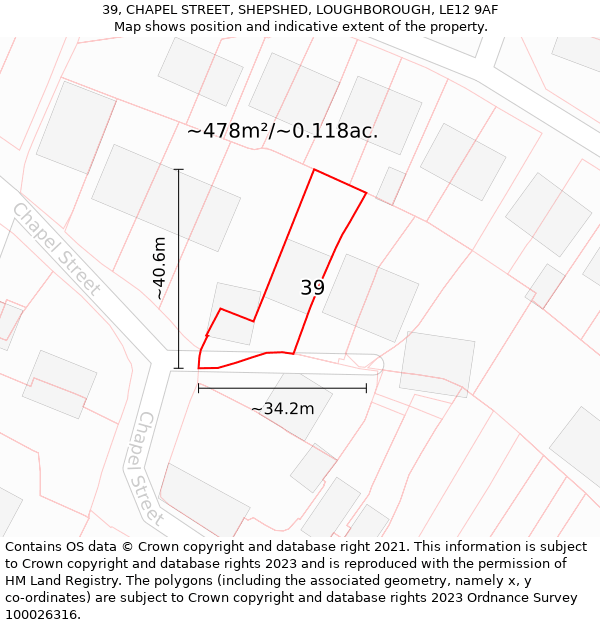 39, CHAPEL STREET, SHEPSHED, LOUGHBOROUGH, LE12 9AF: Plot and title map