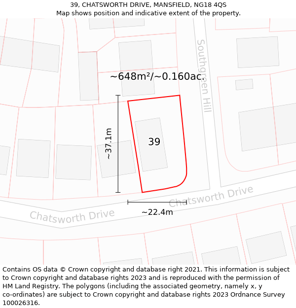 39, CHATSWORTH DRIVE, MANSFIELD, NG18 4QS: Plot and title map