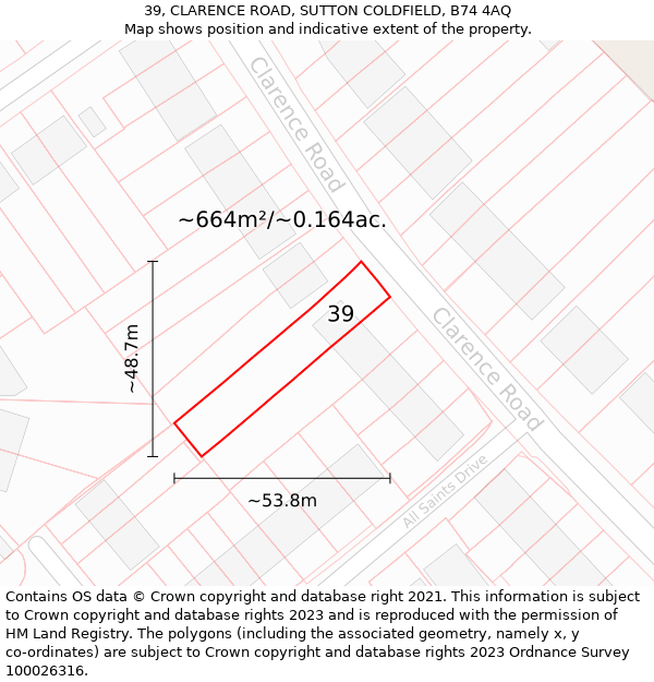 39, CLARENCE ROAD, SUTTON COLDFIELD, B74 4AQ: Plot and title map