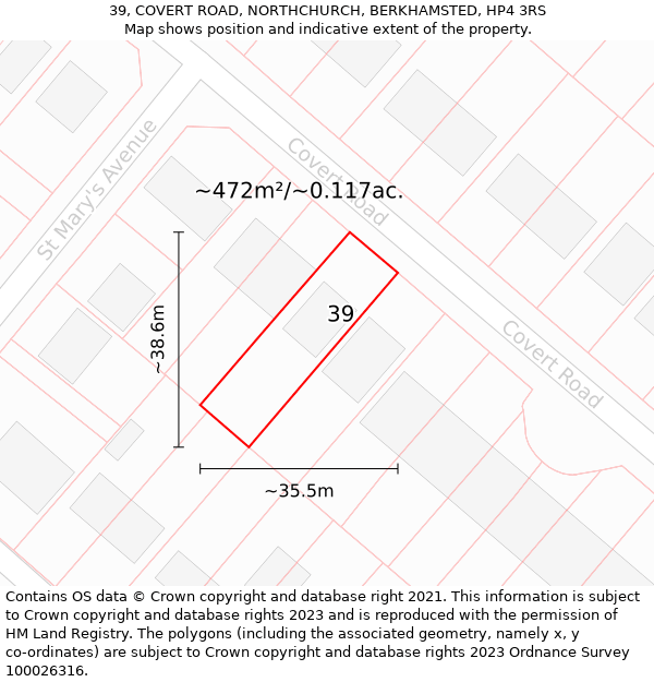 39, COVERT ROAD, NORTHCHURCH, BERKHAMSTED, HP4 3RS: Plot and title map