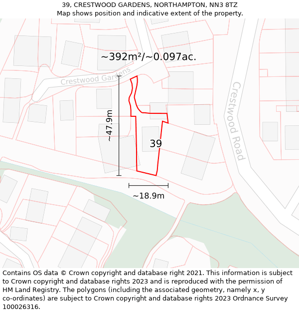 39, CRESTWOOD GARDENS, NORTHAMPTON, NN3 8TZ: Plot and title map