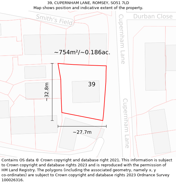 39, CUPERNHAM LANE, ROMSEY, SO51 7LD: Plot and title map