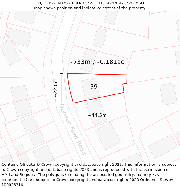 39, DERWEN FAWR ROAD, SKETTY, SWANSEA, SA2 8AQ: Plot and title map