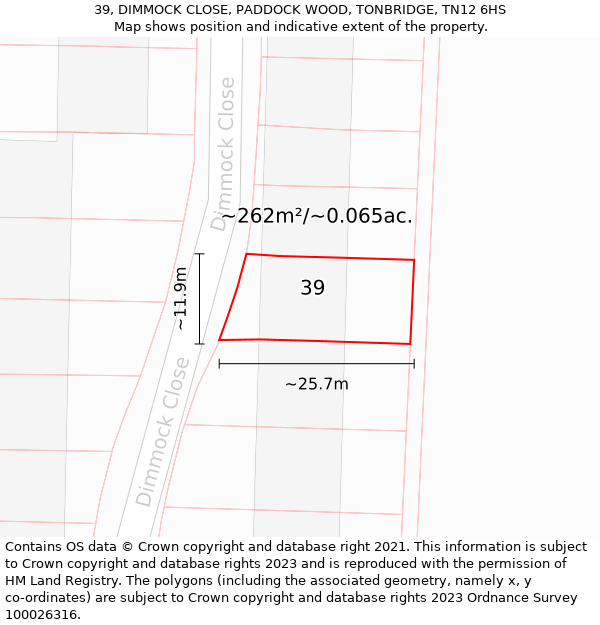 39, DIMMOCK CLOSE, PADDOCK WOOD, TONBRIDGE, TN12 6HS: Plot and title map
