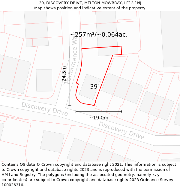 39, DISCOVERY DRIVE, MELTON MOWBRAY, LE13 1NJ: Plot and title map