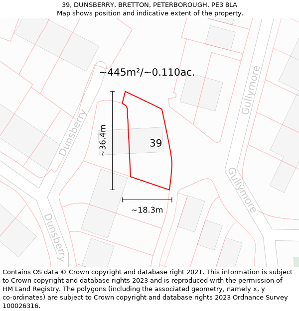 39, DUNSBERRY, BRETTON, PETERBOROUGH, PE3 8LA: Plot and title map