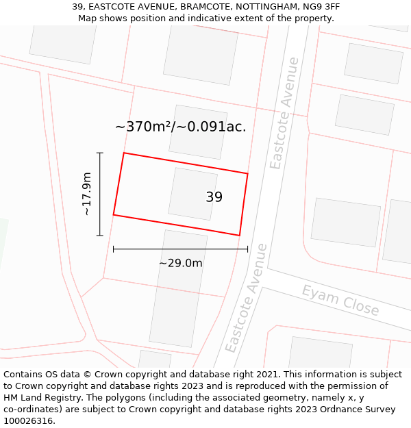 39, EASTCOTE AVENUE, BRAMCOTE, NOTTINGHAM, NG9 3FF: Plot and title map