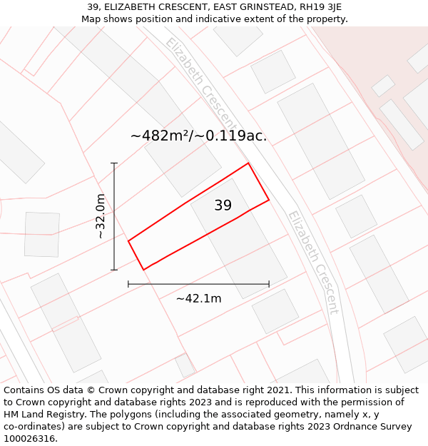 39, ELIZABETH CRESCENT, EAST GRINSTEAD, RH19 3JE: Plot and title map