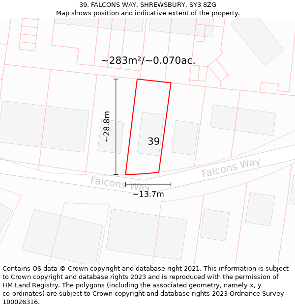 39, FALCONS WAY, SHREWSBURY, SY3 8ZG: Plot and title map