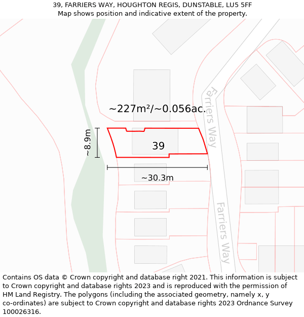 39, FARRIERS WAY, HOUGHTON REGIS, DUNSTABLE, LU5 5FF: Plot and title map