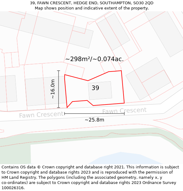 39, FAWN CRESCENT, HEDGE END, SOUTHAMPTON, SO30 2QD: Plot and title map