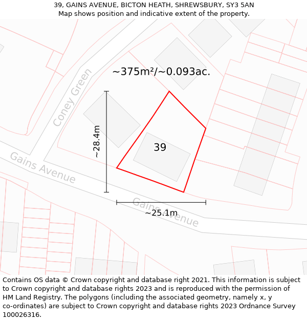 39, GAINS AVENUE, BICTON HEATH, SHREWSBURY, SY3 5AN: Plot and title map