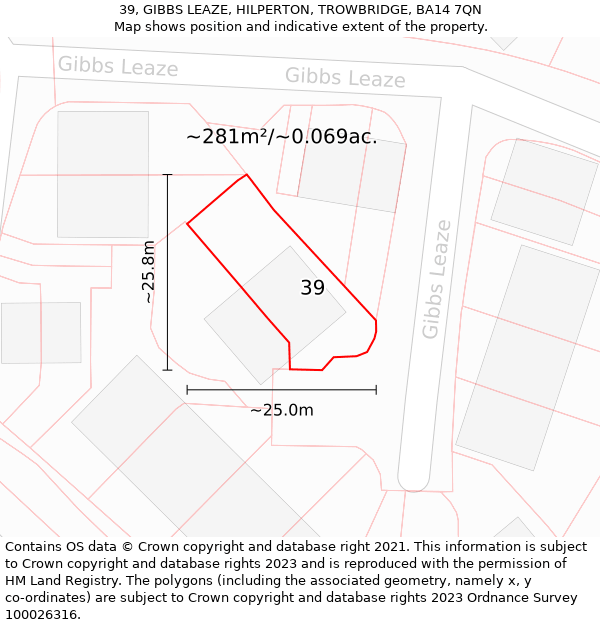 39, GIBBS LEAZE, HILPERTON, TROWBRIDGE, BA14 7QN: Plot and title map