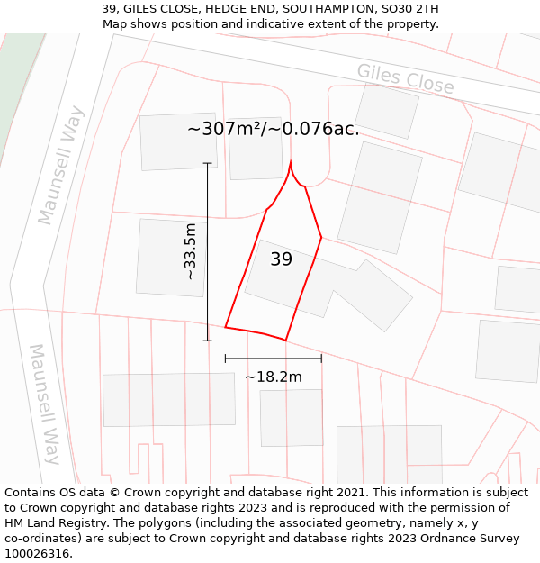 39, GILES CLOSE, HEDGE END, SOUTHAMPTON, SO30 2TH: Plot and title map