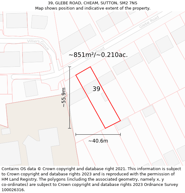 39, GLEBE ROAD, CHEAM, SUTTON, SM2 7NS: Plot and title map