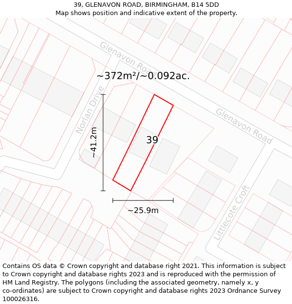 39, GLENAVON ROAD, BIRMINGHAM, B14 5DD: Plot and title map