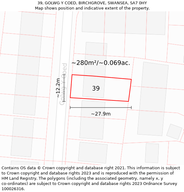 39, GOLWG Y COED, BIRCHGROVE, SWANSEA, SA7 0HY: Plot and title map