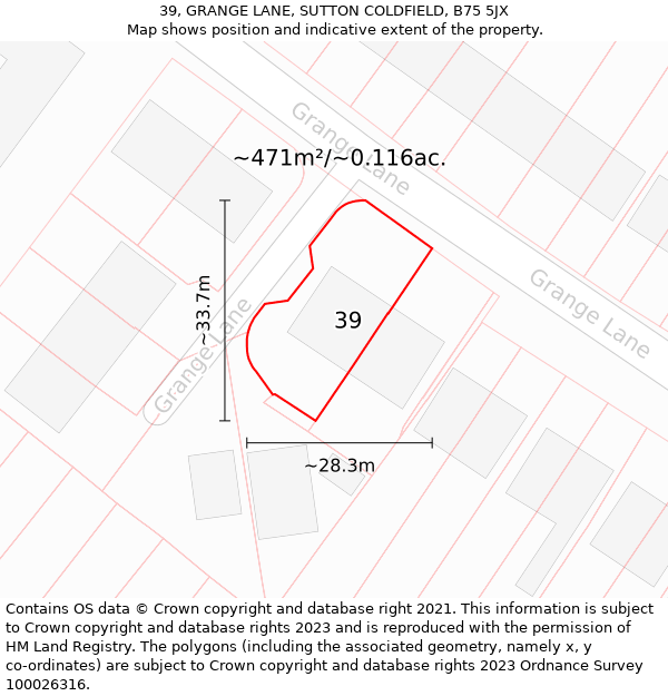 39, GRANGE LANE, SUTTON COLDFIELD, B75 5JX: Plot and title map