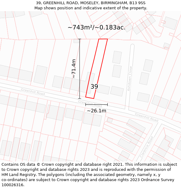 39, GREENHILL ROAD, MOSELEY, BIRMINGHAM, B13 9SS: Plot and title map