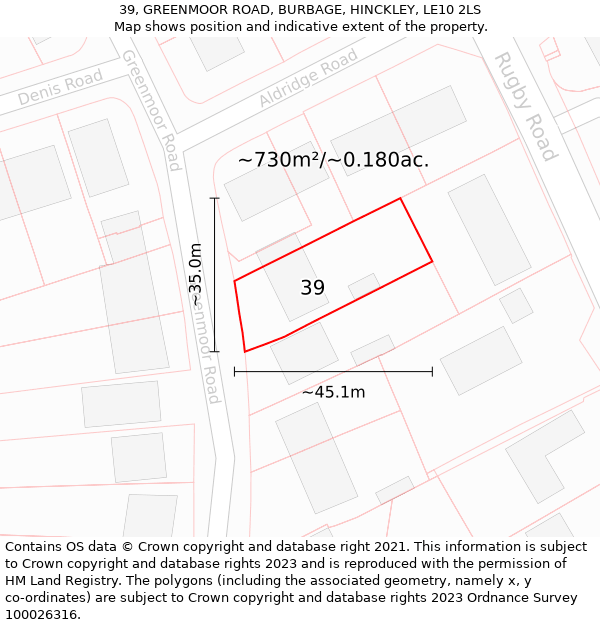 39, GREENMOOR ROAD, BURBAGE, HINCKLEY, LE10 2LS: Plot and title map