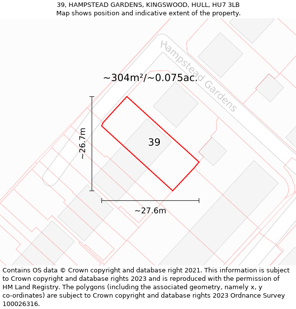 39, HAMPSTEAD GARDENS, KINGSWOOD, HULL, HU7 3LB: Plot and title map