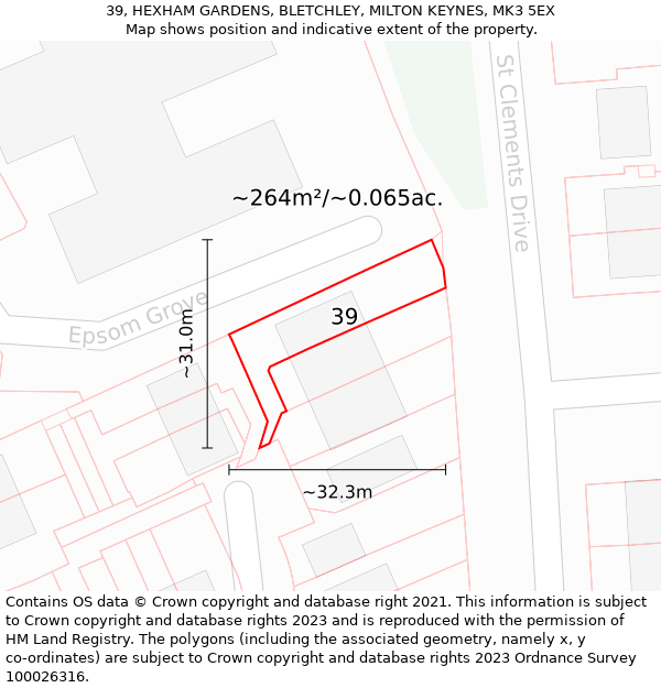 39, HEXHAM GARDENS, BLETCHLEY, MILTON KEYNES, MK3 5EX: Plot and title map