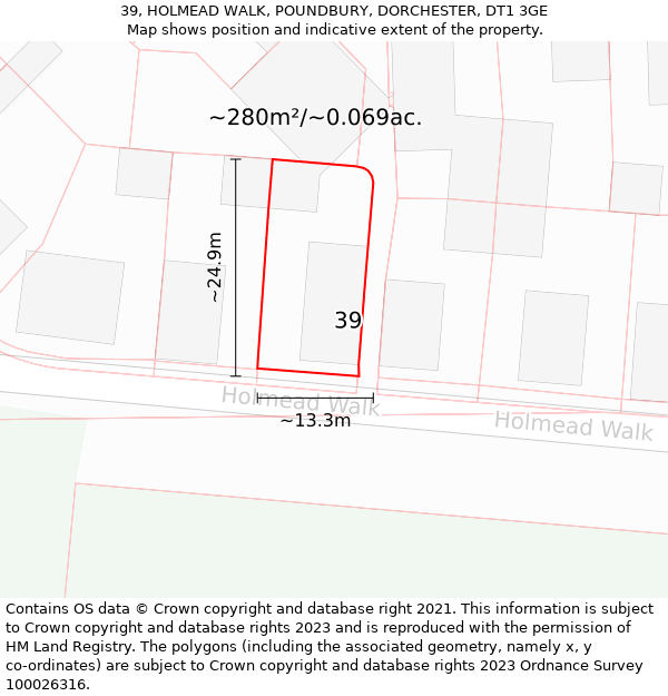 39, HOLMEAD WALK, POUNDBURY, DORCHESTER, DT1 3GE: Plot and title map