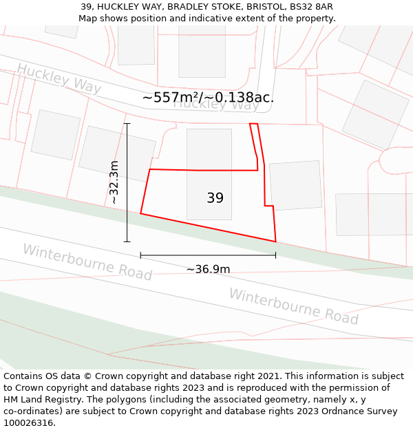 39, HUCKLEY WAY, BRADLEY STOKE, BRISTOL, BS32 8AR: Plot and title map