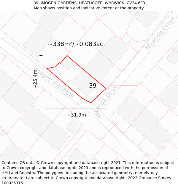 39, IMOGEN GARDENS, HEATHCOTE, WARWICK, CV34 6FB: Plot and title map