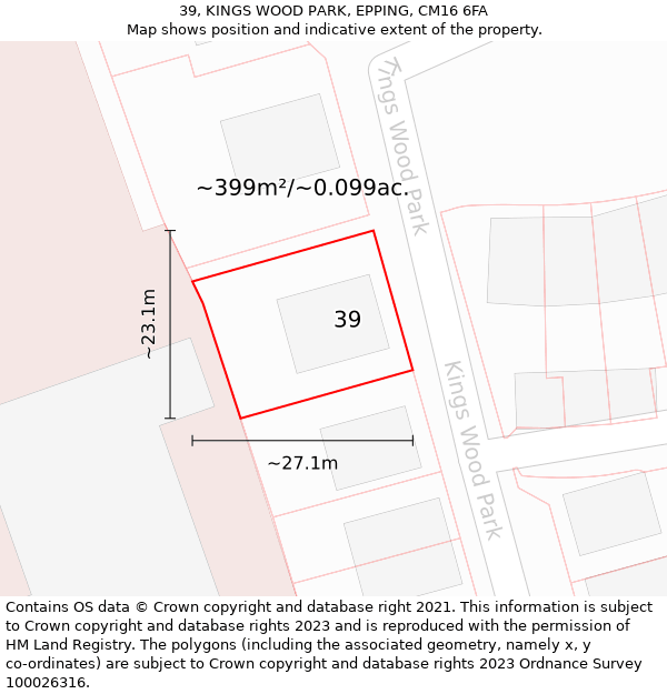 39, KINGS WOOD PARK, EPPING, CM16 6FA: Plot and title map