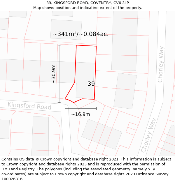 39, KINGSFORD ROAD, COVENTRY, CV6 3LP: Plot and title map