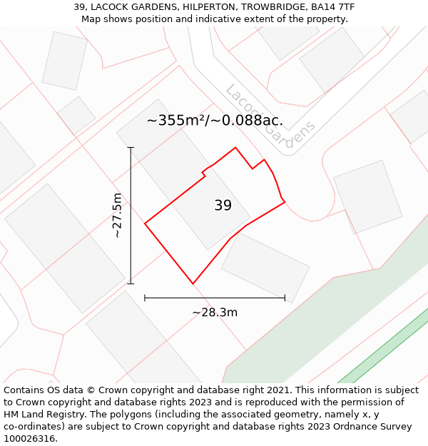 39, LACOCK GARDENS, HILPERTON, TROWBRIDGE, BA14 7TF: Plot and title map