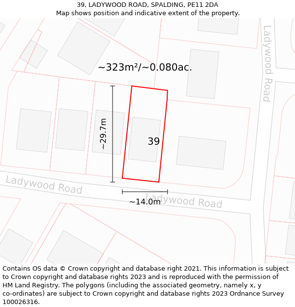 39, LADYWOOD ROAD, SPALDING, PE11 2DA: Plot and title map