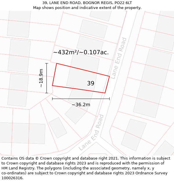 39, LANE END ROAD, BOGNOR REGIS, PO22 6LT: Plot and title map