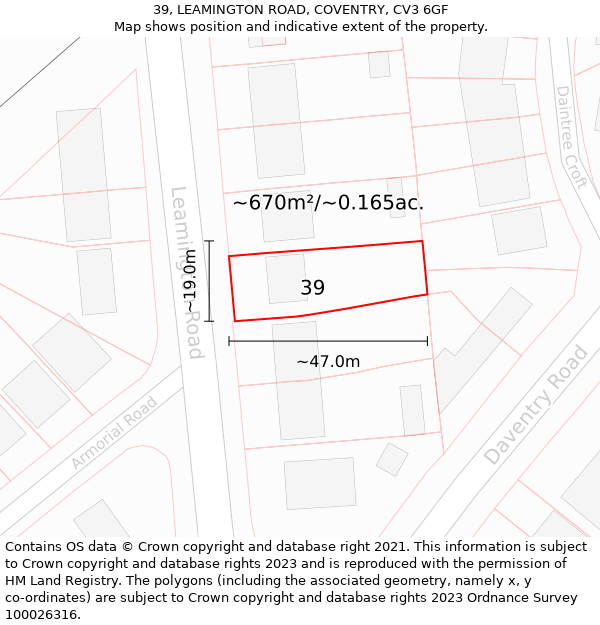 39, LEAMINGTON ROAD, COVENTRY, CV3 6GF: Plot and title map